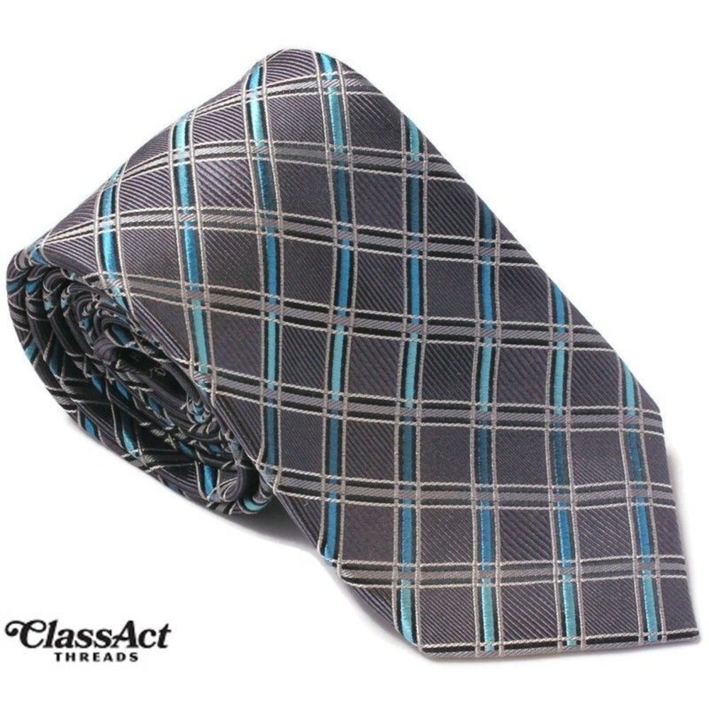 NWT Pronto Uomo Mens Necktie Tie Blue Grey Checked Silk 3.25" Wide